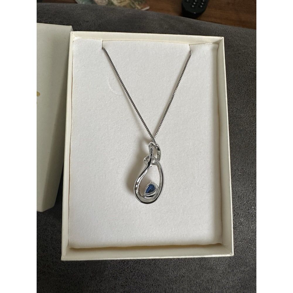 Blue Sapphire Diamond Pendant Necklace 18" Sterling Silver Chain 925 Teardrop